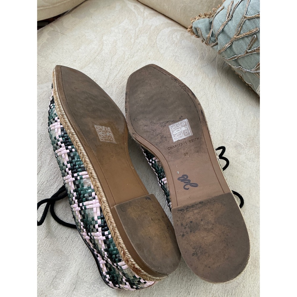 CHARLES & KEITH Woven raffia espadrille Oxford size 9 pink green tan **Rare** - Picture 5 of 7